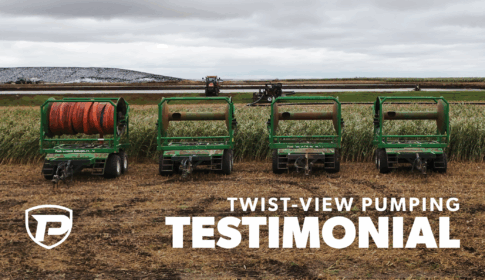 Twist-View Pumping Testimonial. 4 hose carts are lined up with silage pile and lagoon in the background