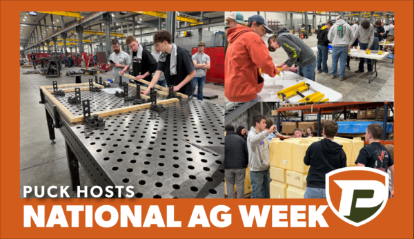 3 images of high school students trying different manufacturing job activities with the overlaid title Puck Hosts National Ag Week 2026